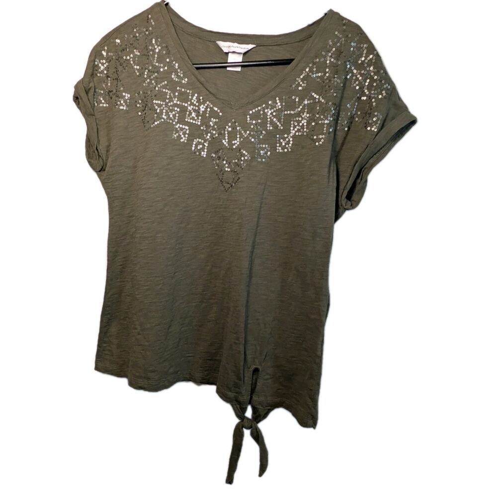 Christopher & Banks Shirt Green Women's V-neck Top Size Small Tie * 100% Cotton